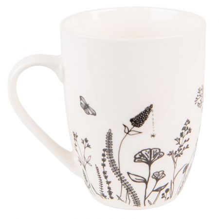 Clayre & Eef Tasse 300 ml Beige Schwarz Porzellan Blumen Kaffeetasse