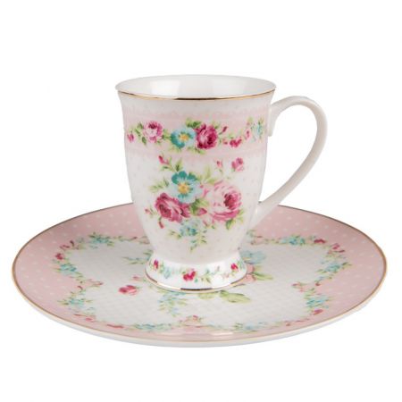 Clayre & Eef Becher 296 ml Weiß Rosa Porzellan Blumen Tasse Kaffeetasse