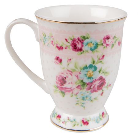 Clayre & Eef Becher 296 ml Weiß Rosa Porzellan Blumen Tasse Kaffeetasse