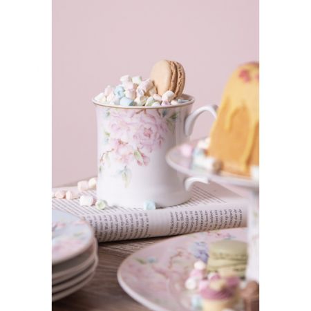 Clayre & Eef Becher 414 ml Weiß Rosa Porzellan Blumen Tasse Kaffeetasse
