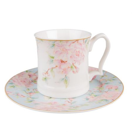 Clayre & Eef Becher 414 ml Weiß Rosa Porzellan Blumen Tasse Kaffeetasse
