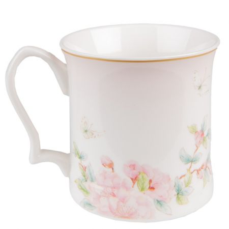 Clayre & Eef Becher 414 ml Weiß Rosa Porzellan Blumen Tasse Kaffeetasse