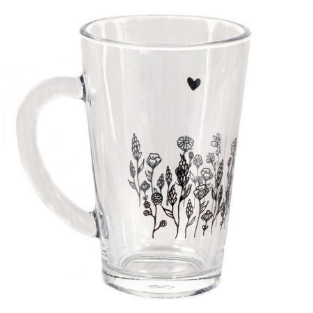 Clayre & Eef Becher 300 ml Schwarz Glas Blumen Tasse Kaffeetasse