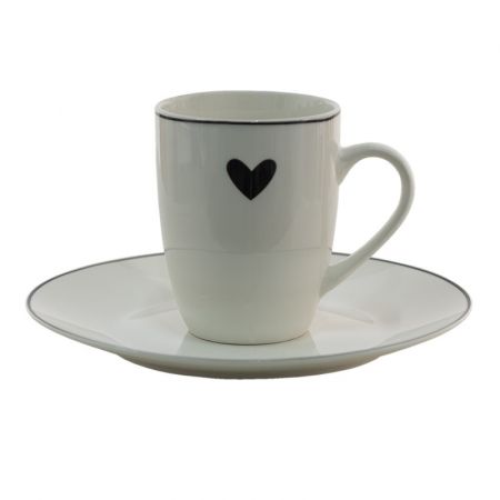 Clayre & Eef Becher 350 ml Weiß Schwarz Porzellan Herzen Tasse Kaffeetasse