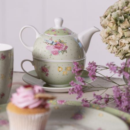 Clayre & Eef Teekannen Set 460 ml Grün Beige Porzellan Blumen Teeset