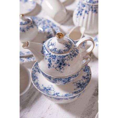 Clayre & Eef Tea for One 400 ml Blau Porzellan Blumen Teekannen Set Teeset