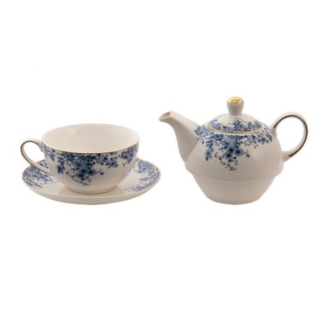 Clayre & Eef Tea for One 400 ml Blau Porzellan Blumen Teekannen Set Teeset