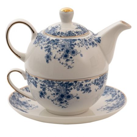 Clayre & Eef Tea for One 400 ml Blau Porzellan Blumen Teekannen Set Teeset
