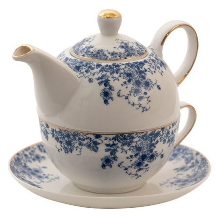 Clayre & Eef Tea for One 400 ml Blau Porzellan Blumen Teekannen Set Teeset