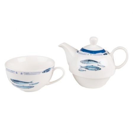 Clayre & Eef Tea for One 400 ml Weiß Blau Porzellan Fische Teekannen Set Teeset