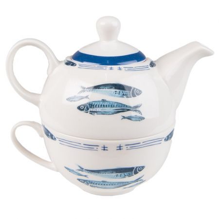 Clayre & Eef Tea for One 400 ml Weiß Blau Porzellan Fische Teekannen Set Teeset
