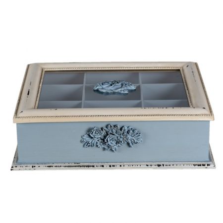 Clayre & Eef Teekiste 32x26x9 cm Blau Beige MDF Glas Blumen