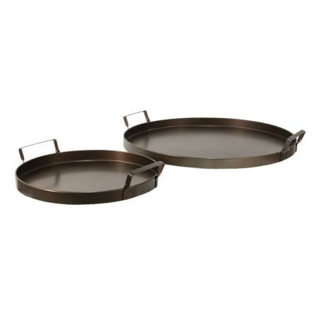 Clayre & Eef Serviertablett 2er Set Ø 47 Ø 32 cm Braun Metall Servier Schale Deko Accessoires