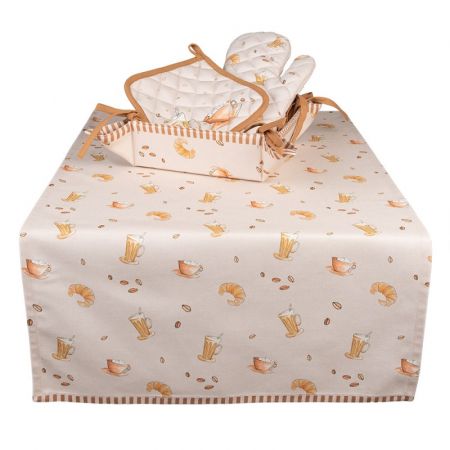 Clayre & Eef Brotkorb 35x35x8 cm Beige Baumwolle Croissant und Kaffee Brotkörbchen