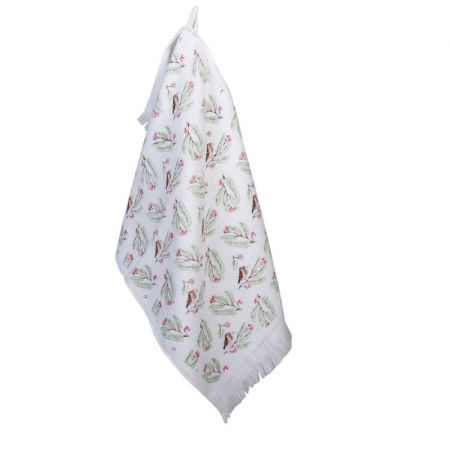 Clayre & Eef Gästehandtuch 40x66 cm Weiß Grün Baumwolle Vögel Rechteckig