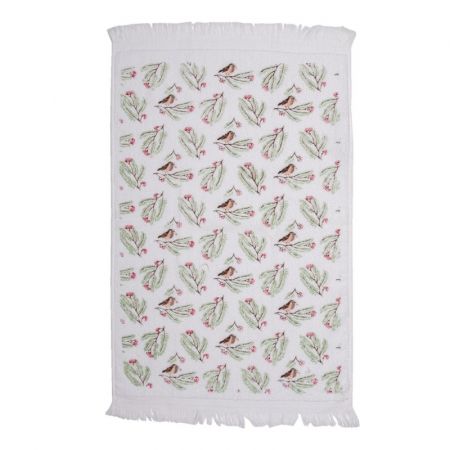 Clayre & Eef Gästehandtuch 40x66 cm Weiß Grün Baumwolle Vögel Rechteckig