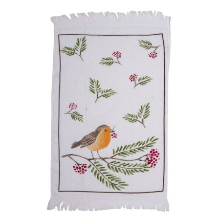 Clayre & Eef Gästehandtuch 40x66 cm Weiß Braun Baumwolle Vögel Rechteckig