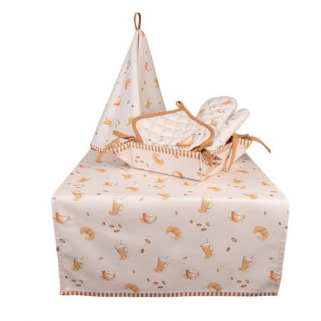 Clayre & Eef Geschirrtuch Ø 80 cm Beige Baumwolle Croissant und Kaffee Rund