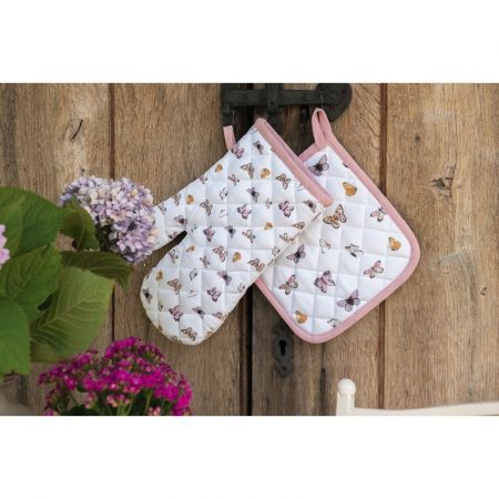 Clayre & Eef Ofenhandschuh für Kinder 12x21 cm Beige Rosa Baumwolle Schmetterlinge Ofenhandschuh