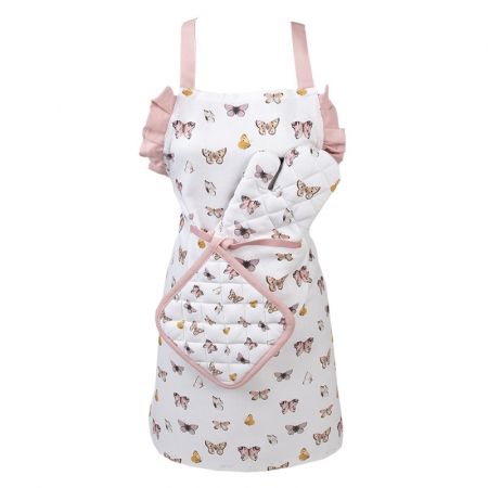 Clayre & Eef Ofenhandschuh für Kinder 12x21 cm Beige Rosa Baumwolle Schmetterlinge Ofenhandschuh