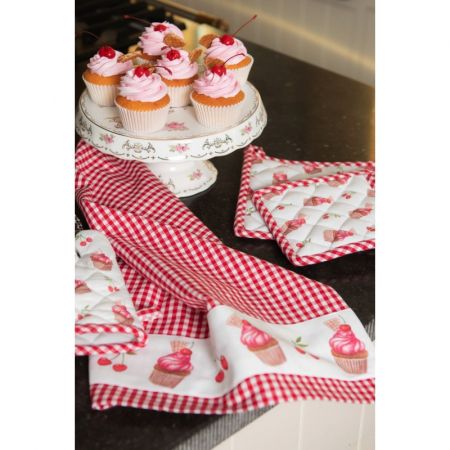 Clayre & Eef Ofenhandschuhe 16x16 cm Weiß Rosa Baumwolle Muffin Quadratisch