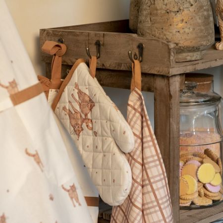 Clayre & Eef Ofenhandschuhe, beige, 12x21 cm, Katzenmotiv