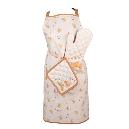 Clayre & Eef Ofenhandschuhe 18x30 cm Beige Baumwolle Croissant und Kaffee Ofenhandschuh