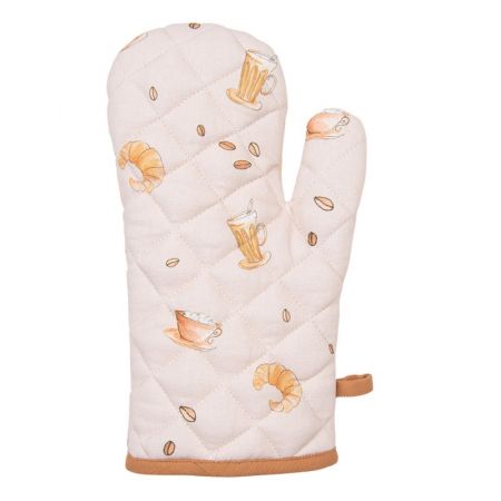 Clayre & Eef Ofenhandschuhe 18x30 cm Beige Baumwolle Croissant und Kaffee Ofenhandschuh