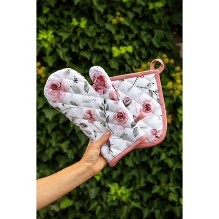 Clayre & Eef Ofenhandschuhe 18x30 cm Weiß Rosa Baumwolle Rosen Ofenhandschuh