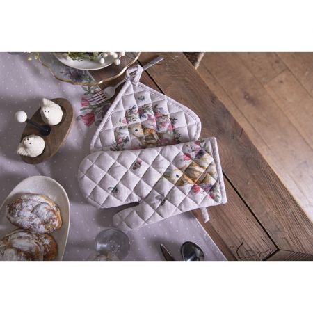 Clayre & Eef Ofenhandschuh 18x30 cm Beige Grau Baumwolle Kaninchen Blumen