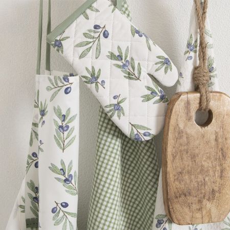 Clayre & Eef Ofenhandschuh 16x30 cm Grün Weiß Baumwolle Oliven