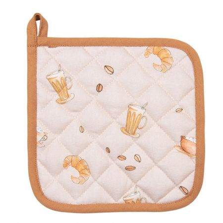 Clayre & Eef Topflappen 20x20 cm Beige Baumwolle Croissant und Kaffee Ofenhandschuhe Gießhilfsmittel
