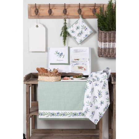 Clayre & Eef Ofenhandschuhe 20x20 cm Grün Weiß Baumwolle Olivenzweig Quadratisch Gießhilfsmittel