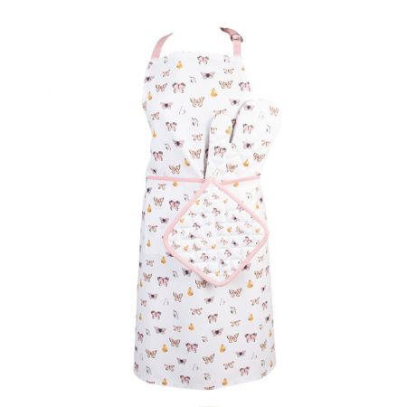 Clayre & Eef Grillschürze 70x85 cm Beige Rosa Baumwolle Schmetterlinge