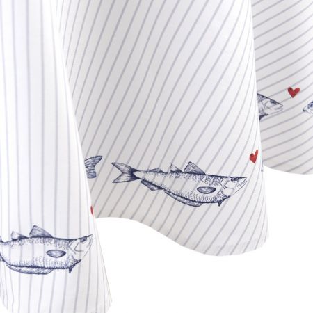 Clayre & Eef Tischdecke Ø 170 cm Weiß Blau Baumwolle Fische Rund Tischtuch Tischtextilien