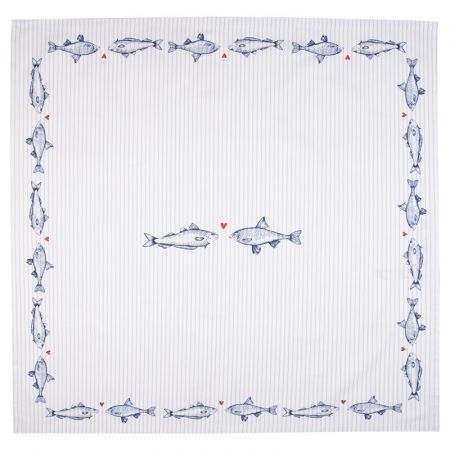 Clayre & Eef Tischdecke 130x180 cm Weiß Blau Baumwolle Fische Rechteckig Tischtuch
