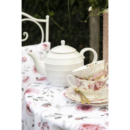 Clayre & Eef Tischdecke Ø 170 cm Weiß Rosa Baumwolle Rosen Rund Tischdecke Tischtuch