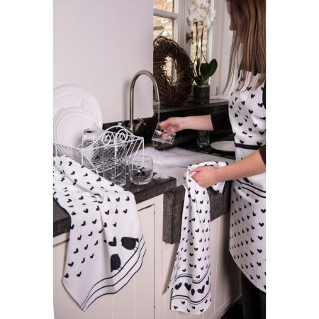 Clayre & Eef Grillschürze 70x85 cm Weiß Schwarz Baumwolle Herzen Vögel