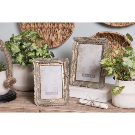 Clayre & Eef Bilderrahmen 13x18 cm Goldfarbig Kunststoff Glas Federn Rechteckig Bilder Rahmen Fotorahmen