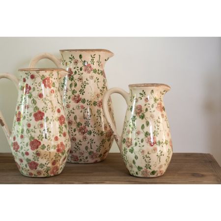 Clayre & Eef Wasserkrug 1300 ml Rosa Beige Keramik Blumen Wasserkanne Deko Accessoires