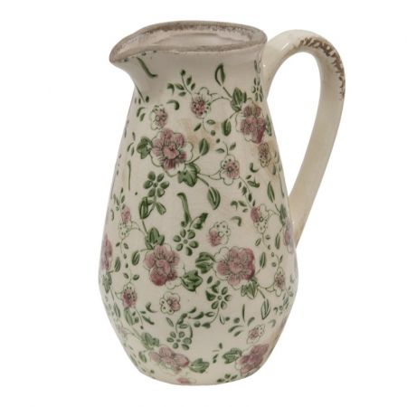 Clayre & Eef Wasserkrug 1300 ml Rosa Beige Keramik Blumen Wasserkanne Deko Accessoires