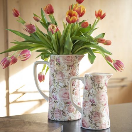 Clayre & Eef Wasserkrug 750 ml Rosa Keramik Blumen Wasserkanne Deko Accessoires