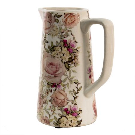 Clayre & Eef Wasserkrug 750 ml Rosa Keramik Blumen Wasserkanne Deko Accessoires