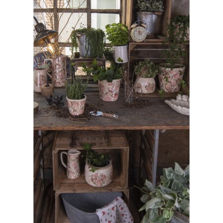 Clayre & Eef Wasserkrug 1500 ml Rosa Beige Keramik Blumen Wasserkanne Deko Accessoires