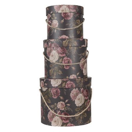 Clayre & Eef Hutschachtel 3er Set Ø 23x20 cm Schwarz Pappe Blumen