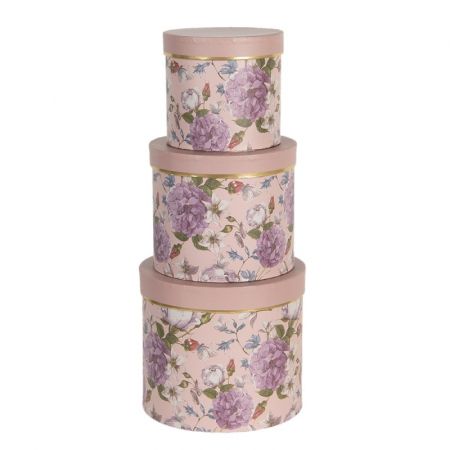 Clayre & Eef Aufbewahrungskiste Ø 20x17 / Ø 17x15 / Ø 14x13 cm Rosa Pappe Blumen