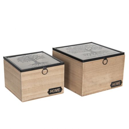 Clayre & Eef Aufbewahrungskiste 18x18x12 cm Braun Holz Glas Quadratisch Deko Accessoires