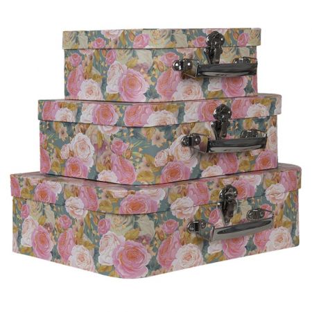 Clayre & Eef Koffer 3er Set 30x22x10 cm Rosa Pappe Blumen Aufbewahrungsbox Dekorativ Deko Accessoires