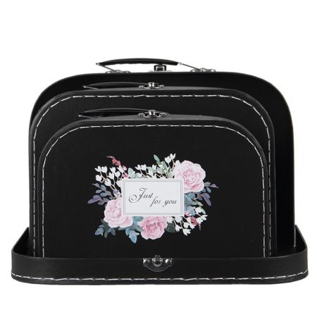 Clayre & Eef Koffer 3er Set 30x19x10 cm Schwarz Pappe Blumen Aufbewahrungsbox Dekorativ Deko Accessoires