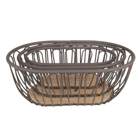 Clayre & Eef Körbe 3er-Set 33x23x12 cm Grau Braun Metall Holz Oval Korb